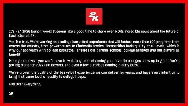 重返校园！2K官宣《大学篮球》游戏正开发中